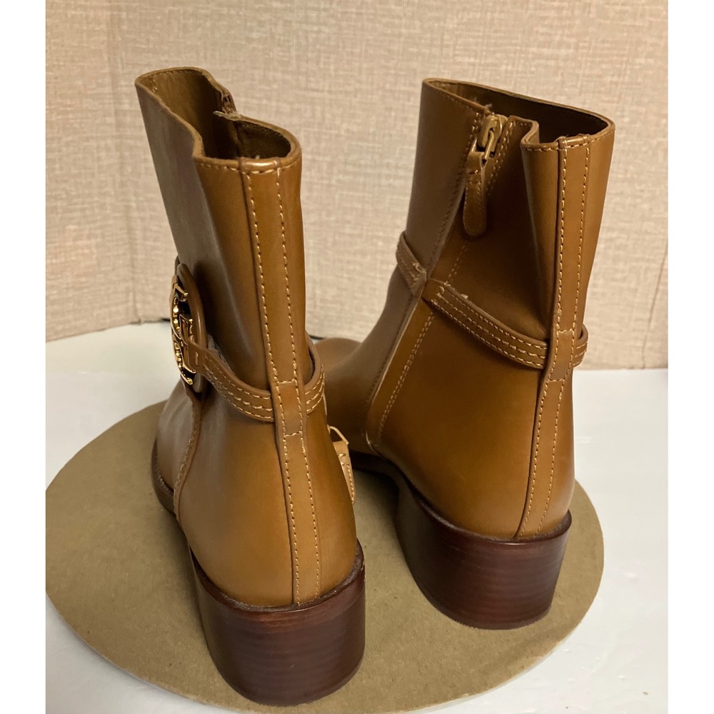 Tory Burch Miller Ankle Boots Women 9M Tan Excellent Leather Gold Logo Block - Picture 9 of 14